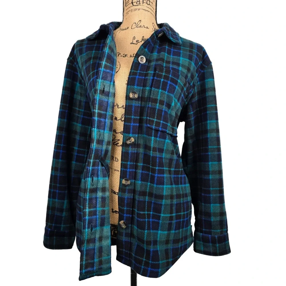 Eddie Bauer‎ Womens Microfleece Button Up Shirt Plaid Teal Navy Blue Medium M